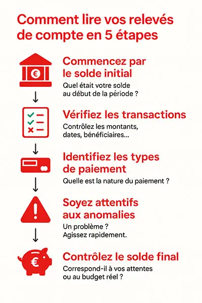 Infographie qui illustre comment lire vos relevés de compte en 5 étapes