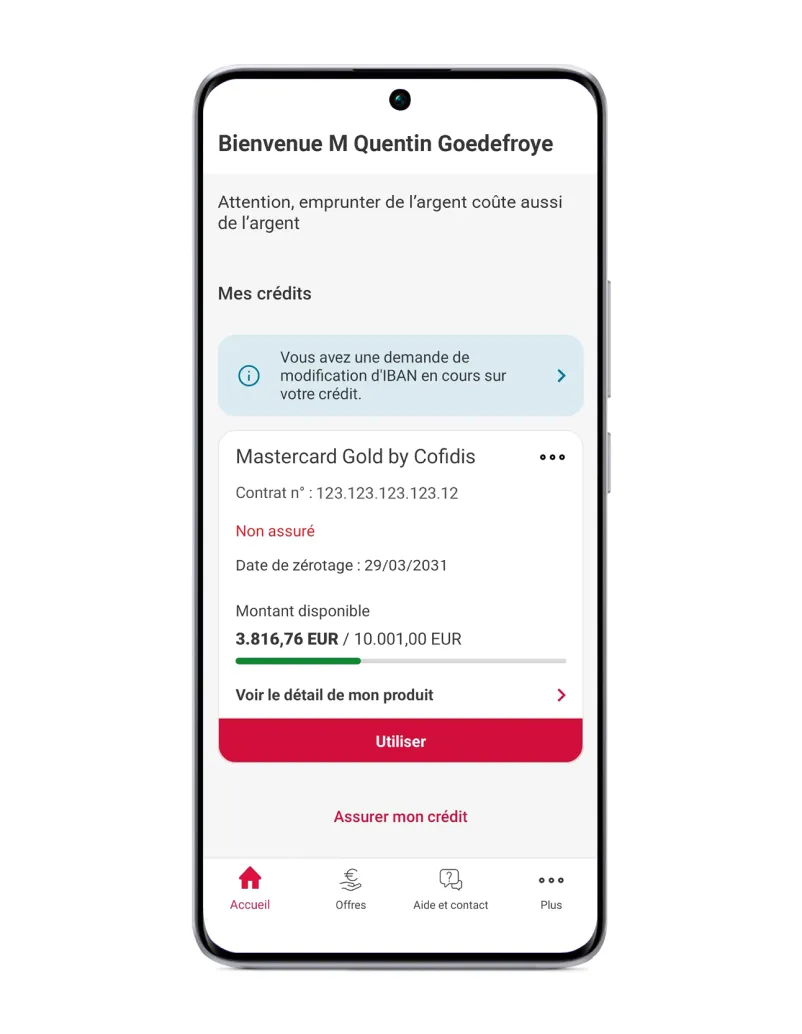 Startpagina mobiele applicatie Cofidis