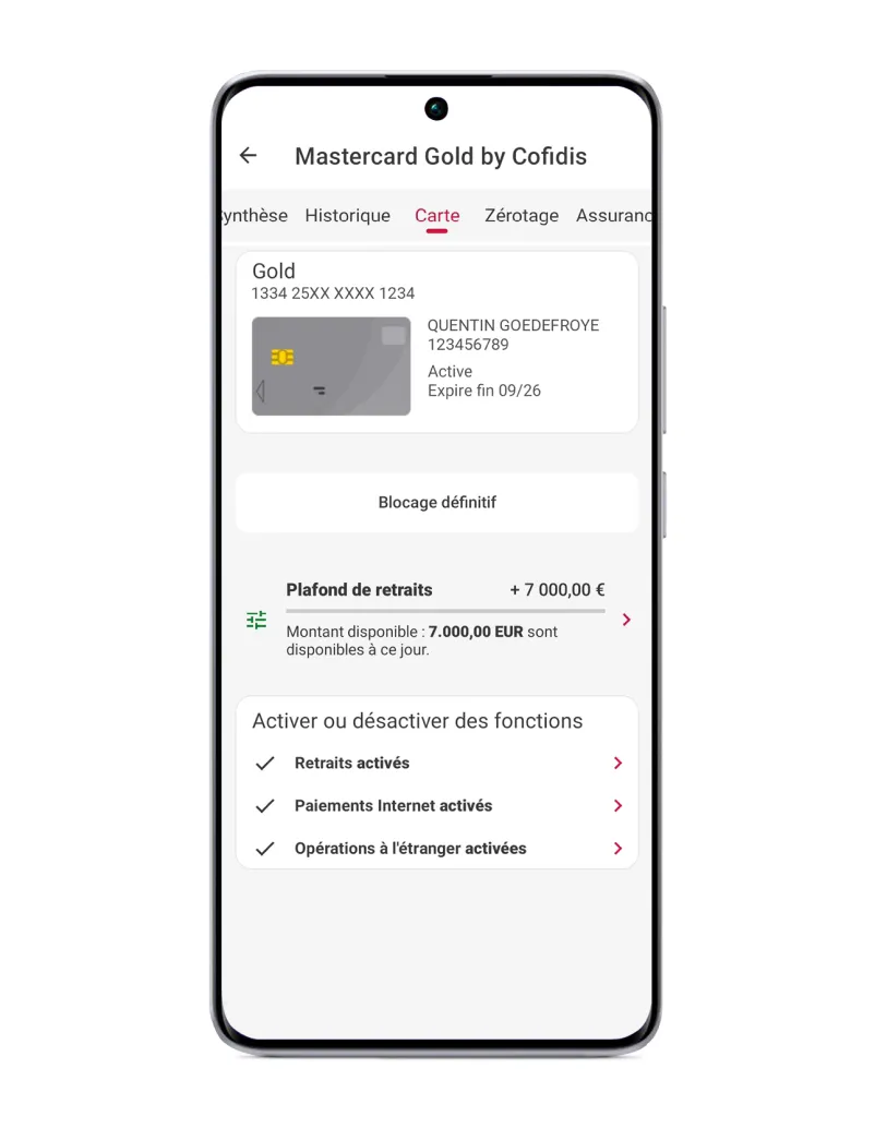 Beheer van de Mastercard Gold via de mobiele app van Cofidis